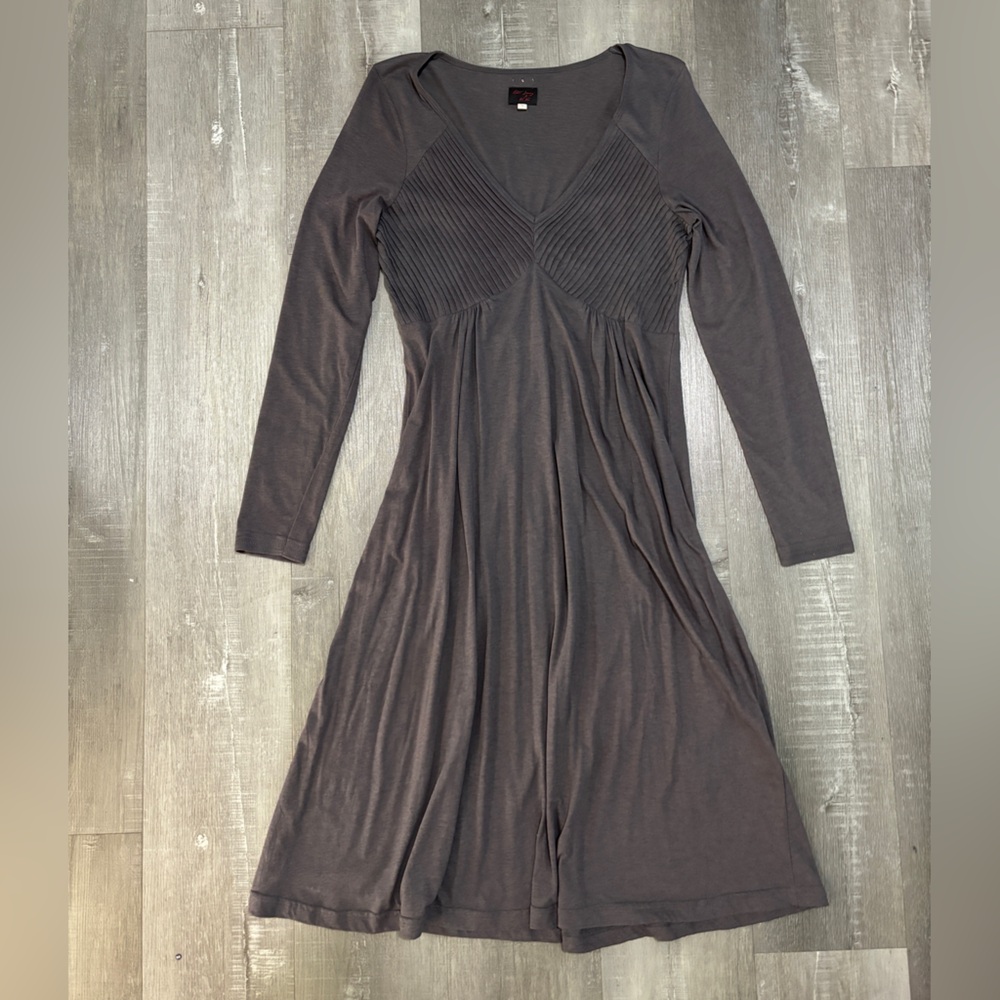 Long Sleeve V-Neck Knit Dress - Gray